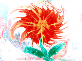Beautiful fluid abstract paint. Fantasy cosmic flower drawing with ebru art. Interior wallpaper. Marble texture. Liquid acrylic picture with artistic mixed paints. Fluid art background