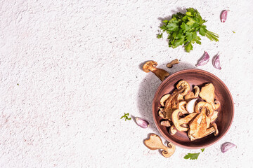 Dried mushrooms Boletus edulis (Penny bun, Cep, Porcini) on textured plaster background