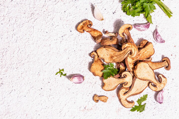 Dried mushrooms Boletus edulis (Penny bun, Cep, Porcini) on textured plaster background