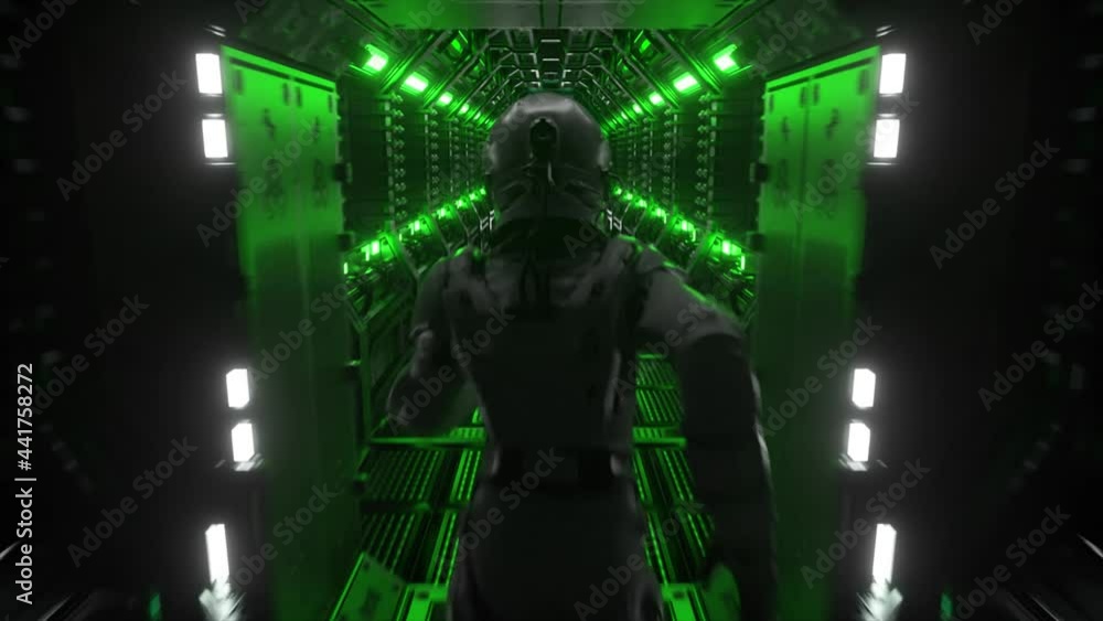 Poster astronaut runs through a tunnel to another compartment of the space gate. spaceship and technology c
