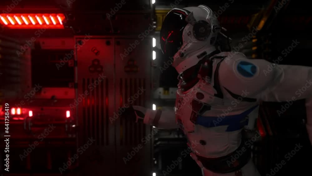 Poster astronaut runs through a tunnel to another compartment of the space gate. spaceship and technology c