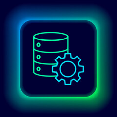 Glowing neon line Server and gear icon isolated on black background. Adjusting app, service concept, setting options, maintenance, repair, fixing. Colorful outline concept. Vector