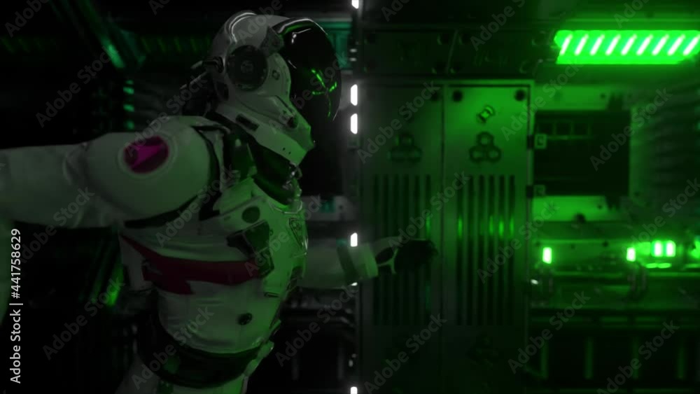 Poster astronaut runs through a tunnel to another compartment of the space gate. spaceship and technology c