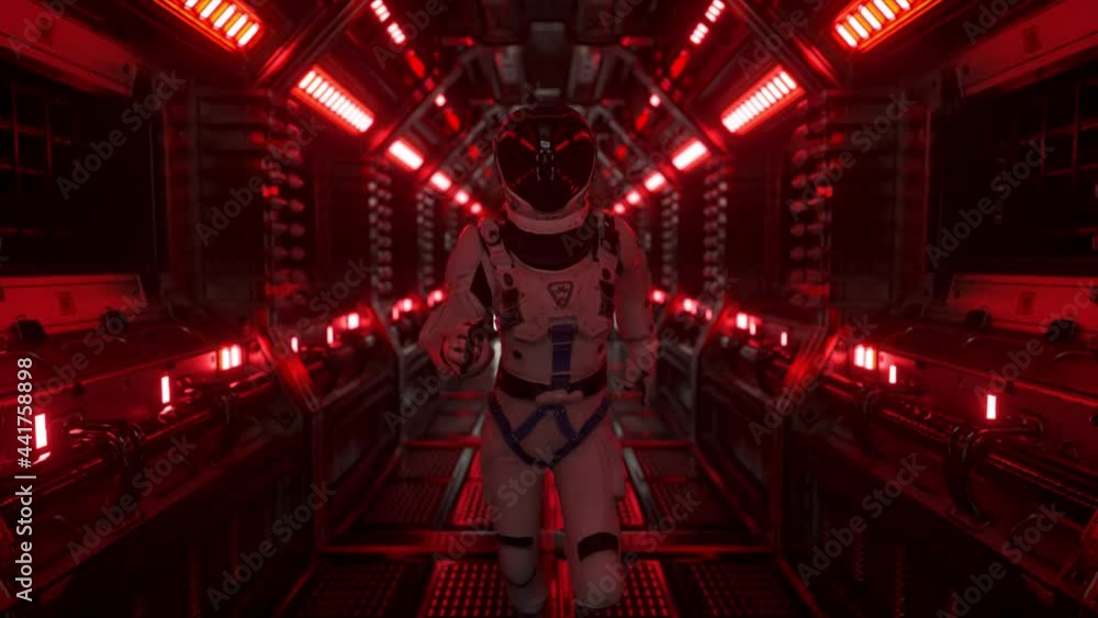 Poster astronaut runs through a tunnel to another compartment of the space gate. spaceship and technology c