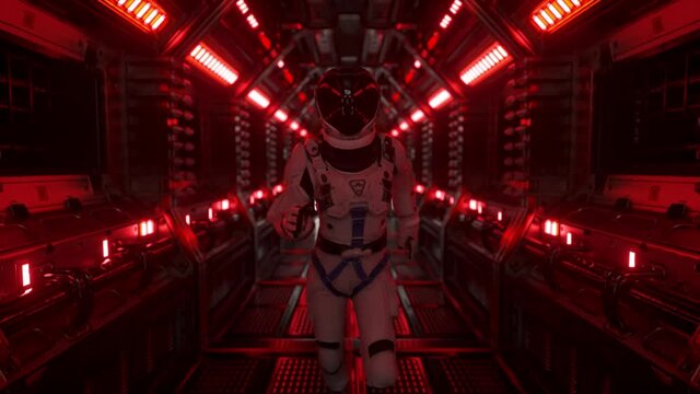 Astronaut runs through a tunnel to another compartment of the space gate. Spaceship and technology concept. 4k animation of seamless loop