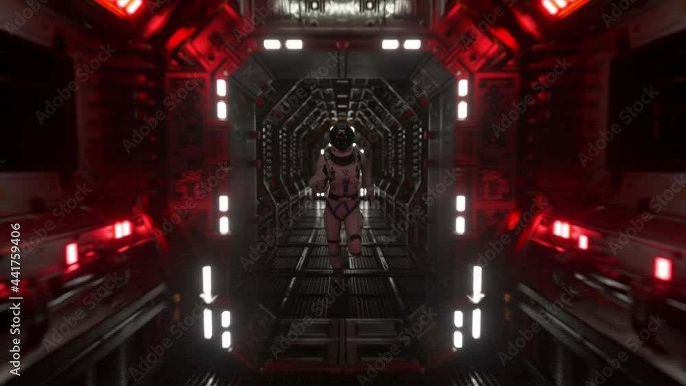 Poster astronaut runs through a tunnel to another compartment of the space gate. spaceship and technology c