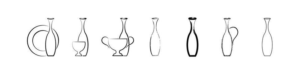 Antique vase icon. Linear drawing of an ancient vase. Vector illustration of icon antique vase with tea, saucer and cup isolated on white background.