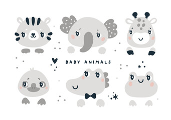 Animals face collection in cartoon style isolated on white background. Tiger, elephant, crocodile, giraffe, frog, platypus. Baby animals for baby shower party or nursery, kids prints. 
