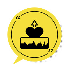 Black Heartbeat increase icon isolated on white background. Increased heart rate. Yellow speech bubble symbol. Vector
