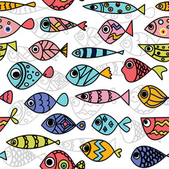 Seamless pattern whith cute hand draw fishes. Line art doodle illustration whith bright exotic fishes.