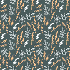 Vector seamless doodle-style background with golden wheat and leaves. Vintage background with autumn pattern.