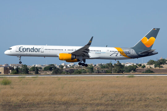 Luqa, Malta - July 2, 2017: Condor Boeing 757-330 [D-ABOC] with "Hannover Airport" sticker.