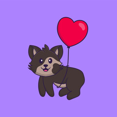 Cute cat flying with love shaped balloons. Animal cartoon concept isolated. Can used for t-shirt, greeting card, invitation card or mascot. Flat Cartoon Style