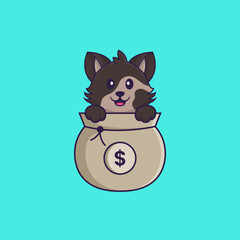Cute cat playing in money bag. Animal cartoon concept isolated. Can used for t-shirt, greeting card, invitation card or mascot. Flat Cartoon Style