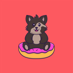 Cute cat is sitting on donuts. Animal cartoon concept isolated. Can used for t-shirt, greeting card, invitation card or mascot. Flat Cartoon Style
