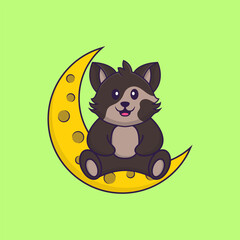 Cute cat is sitting on the moon. Animal cartoon concept isolated. Can used for t-shirt, greeting card, invitation card or mascot. Flat Cartoon Style