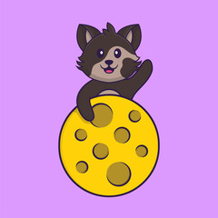 Cute cat is on the moon. Animal cartoon concept isolated. Can used for t-shirt, greeting card, invitation card or mascot. Flat Cartoon Style