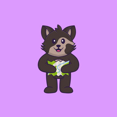 Cute cat holding a map. Animal cartoon concept isolated. Can used for t-shirt, greeting card, invitation card or mascot. Flat Cartoon Style