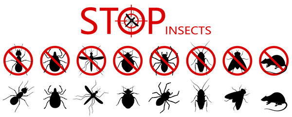 Anti pest control ban, prohibition parasitic insects. Stop, warning, forbidden bug icon set. No, prohibit signs of cockroaches, spiders, fly,mite, ticks, mosquitoes, ants, rats, bug - obrazy, fototapety, plakaty