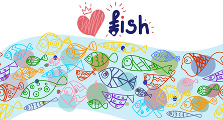 Seamless pattern whith cute hand draw fishes. Line art doodle illustration whith bright exotic fishes.