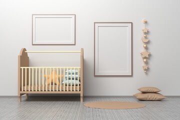 Kids room nursery mockup template with cradle, pillows, hanging toys and two horizontal and vertical A4 frames.  - obrazy, fototapety, plakaty