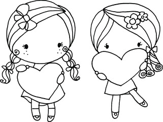 vector cartoon two girls hold heart shapes love