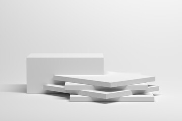 Simple geometric composition with podium pedestal with stack of layers of panels in white color
