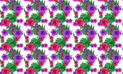 Fototapeta na wymiar Seamless floral pattern with compositions of hand-drawn tropical flowers