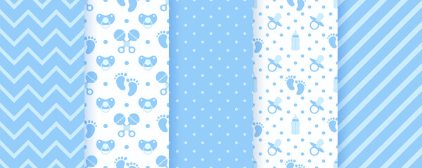 Baby blue seamless patterns. Pastel prints. Baby shower backgrounds. Vector. Set of kids textures. Cute childish backdrops with polka dot, zigzag, stripes, pacifier and bottle. Modern illustration