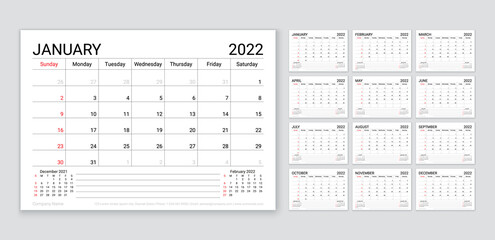2022 calendar. Planner template for year. Week starts Sunday. Vector. Monthly calender organizer. Table schedule grid with 12 month. Corporate yearly diary layout. Horizontal simple illustration. - obrazy, fototapety, plakaty