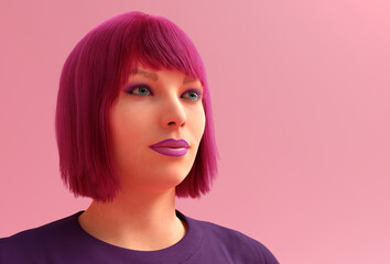 pink lipstick woman red hair blunt haircut fashion girl 3D illustration - obrazy, fototapety, plakaty