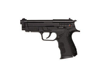Black modern pistol on a white back. A short-barreled weapon for concealed carry. Armament of the...
