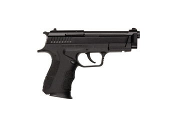 Black modern pistol on a white back. A short-barreled weapon for concealed carry. Armament of the...
