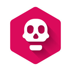 White Skull icon isolated with long shadow background. Happy Halloween party. Pink hexagon button. Vector