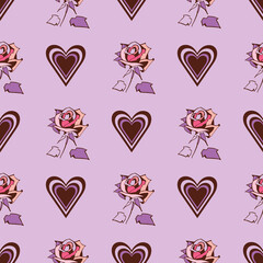 seamless pattern bright lilac vintage classic little rose and hearts vector