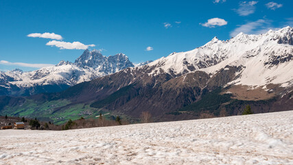 View of Mount Ushba. Ushba is one of the most notable peaks of the Caucasus range, located in the Svaneti region of Georgia