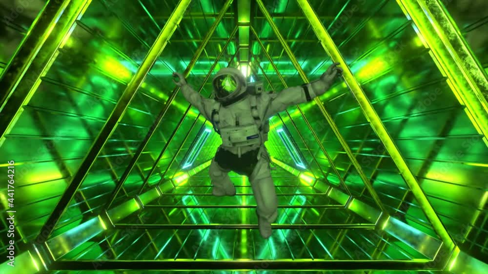 Poster astronaut falling in the corridor of a spaceship. sci-fi futuristic space tunnel vj for titles and b