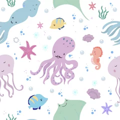 Foto op Plexiglas Naadloze patroon breken zeedieren, vissen, koralen en schelpen. Onderwaterwereld, hand getrokken doodle vectorillustratie. © Елизавета Царева