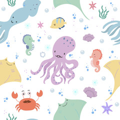 Seamless pattern whith sea animals, fishes, corals and shells. Underwater world, hand drawn doodle vector illustration.