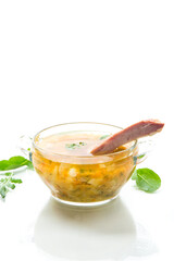 cooked smoked pea soup with ribs in a plate