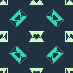 Green and beige Envelope with Valentine heart icon isolated seamless pattern on blue background. Message love. Letter love and romance. Vector
