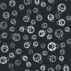 Grey Heart with animals footprint icon isolated seamless pattern on black background. Pet paw in heart. Love to the animals. Vector