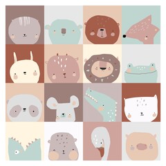 Set of Cute Faces Animals on Different Background