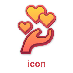 Gold Heart in hand icon isolated on white background. Hand giving love symbol. Valentines day symbol. Vector