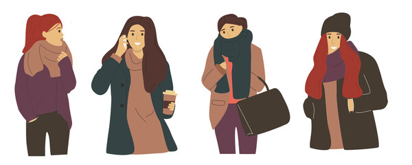 Set of young women in autumn clothes.Fashionable spring or fall outfits. Fashionable girl demonstrate winter, spring and autumn clothing. Street style models.