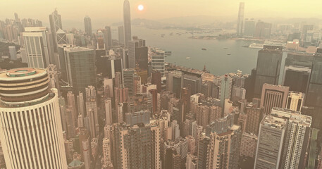 AERIAL. Hong Kong Sunrise, View from The drone, Hong Kong Sun shape in the sky