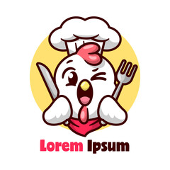 FUNNY CHICKEN CHEF SMILING AND BRINGING FORK AND KNIFE. HIGH QUALITY CARTOON MASCOT DESIGN.