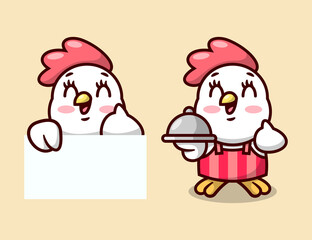 CUTE CHICKEN SMILING AND SERVING FOOD CARTOON MASCOT DESIGN FOR BUSINESS.,