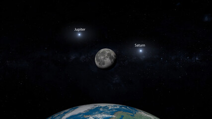 moon meets gas giants jupiter and saturn 3d illustration © SN