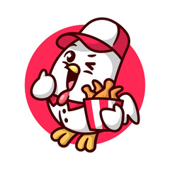 CUTE CHICKEN WITH UNIFORM IS BRINGING A BUCKET OF FRIED CHICKEN. HIGH QUALITY CARTOON MASCOT DESIGN.